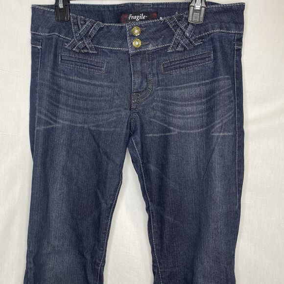 Vintage Y2K FRAGILE Jeans Low Rise Flare Glitter Button Dark Wash Womens 7 Blue - Picture 8 of 13